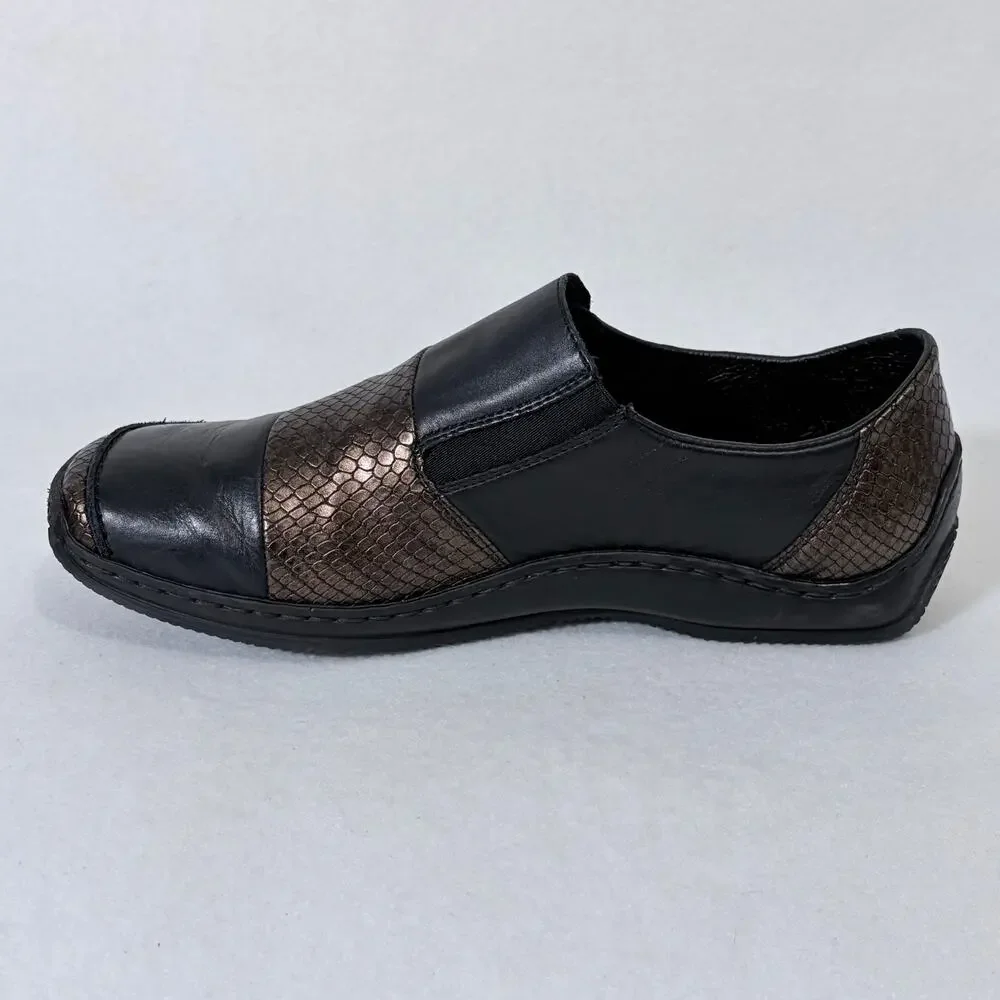 Rieker Comfort Slip On Shoes Womens 39 US 8 Black Leather Brown Argyle Metallic